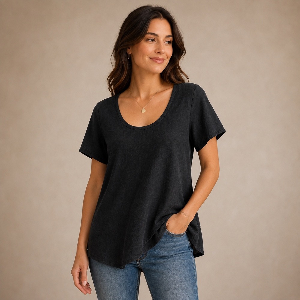 FLAX‎ Linen Top Size S Black Short Sleeve Scoop Neck Casual Comfortable